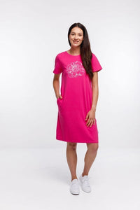 HOME-LEE_TAYLOR TEE DRESS PINK YARROW WITH WHITE PEONIE OUTLINE PRINT _ _ Ebony Boutique NZ