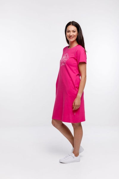 HOME-LEE_TAYLOR TEE DRESS PINK YARROW WITH WHITE PEONIE OUTLINE PRINT _ _ Ebony Boutique NZ