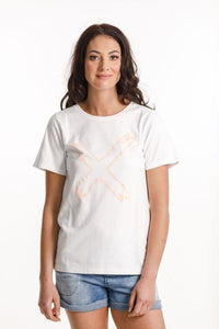 HOME-LEE_TAYLOR TEE WHITE WITH PEACH SORBET OUTLINED X _ _ Ebony Boutique NZ