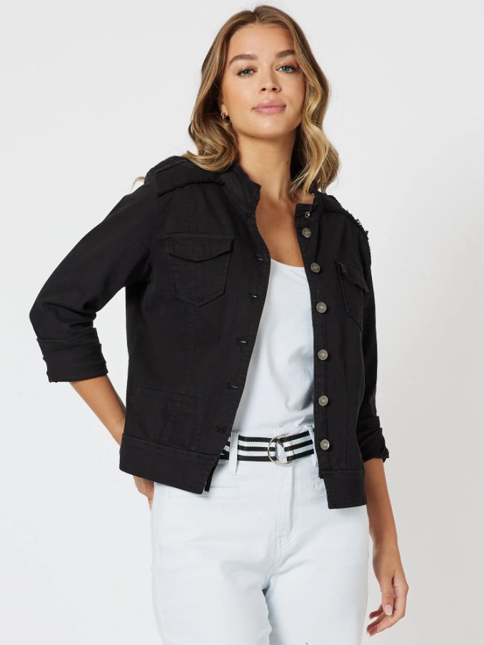 Woman wearing black Threadz military denim jacket styled with casual outfit everyday NZ fashion
