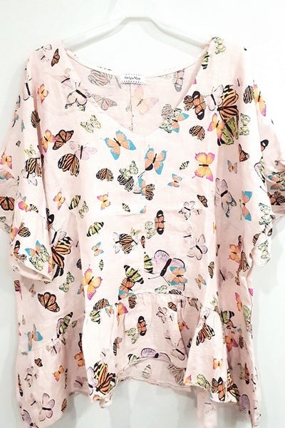 HELGA MAY_V NECK LINEN TOP BUTTERFLY BABY PINK _ _ Ebony Boutique NZ