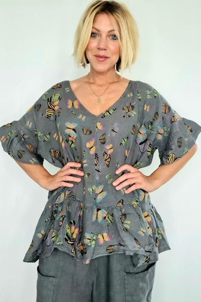 HELGA MAY_V NECK LINEN TOP BUTTERFLY CHARCOAL _ _ Ebony Boutique NZ