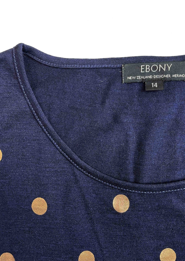EBONY_WOMEN'S 100% MERINO (210) A-LINE SCOOP LONG SLEEVE TOP SPOT PRINT NAVY & ROSE _ _ Ebony Boutique NZ