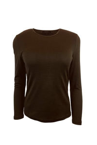 EBONY_WOMEN'S 100% MERINO WOOL (210) LONG SLEEVE SATIN CREW TOP CHOCOLATE _ _ Ebony Boutique NZ