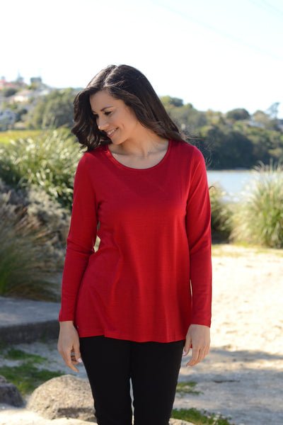 WOMEN'S 100% MERINO WOOL (210) A - LINE SCOOP LONG SLEEVE TOP RUBY EBAS593_by_EBONY_women's_in_New Zealand_ _
