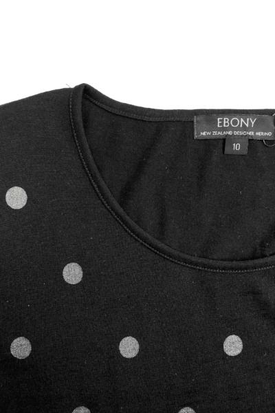 EBONY_WOMEN'S 100% MERINO (210) A-LINE SCOOP LONG SLEEVE TOP SPOT PRINT BLACK & SILVER _ _ Ebony Boutique NZ