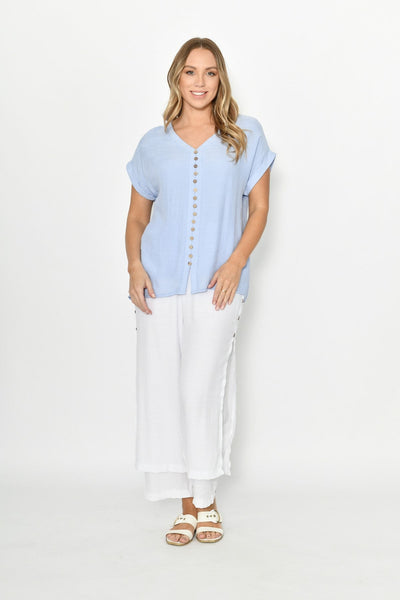 LA MODE_WOODEN BUTTON LAYERED TOP BABY BLUE _ _ Ebony Boutique NZ