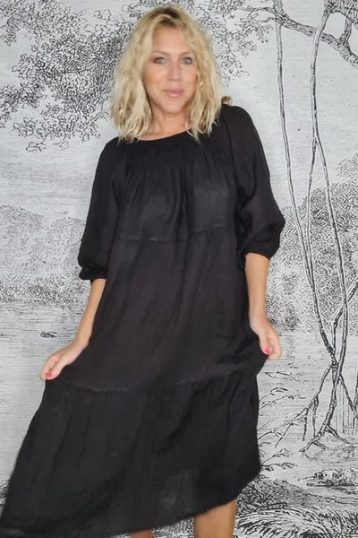 HELGA MAY_ZANSIBAR POUF SLEEVE DRESS BLACK _ _ Ebony Boutique NZ