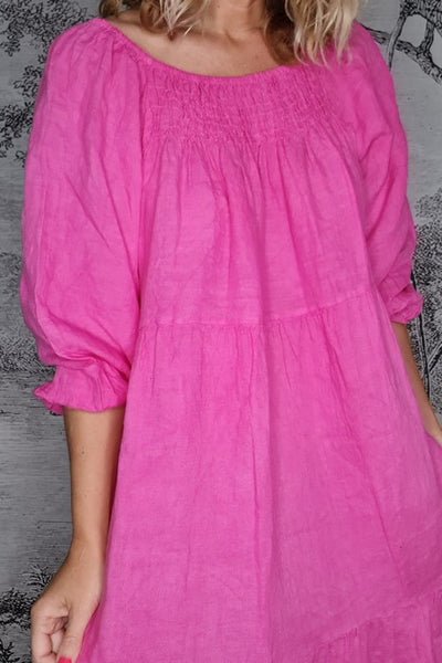 HELGA MAY_ZANSIBAR POUF SLEEVE DRESS HOT PINK _ _ Ebony Boutique NZ