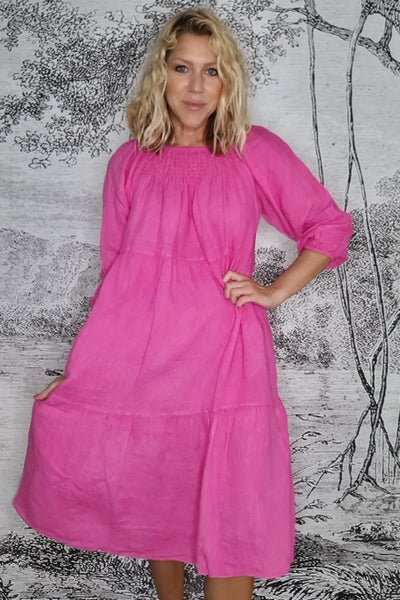 HELGA MAY_ZANSIBAR POUF SLEEVE DRESS HOT PINK _ _ Ebony Boutique NZ