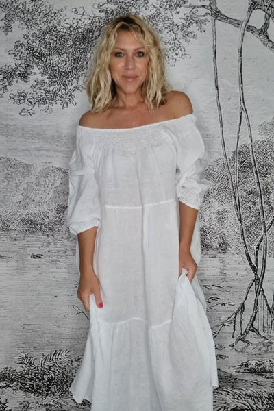 HELGA MAY_ZANSIBAR POUF SLEEVE DRESS WHITE _ _ Ebony Boutique NZ
