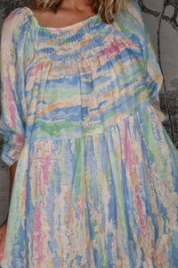 HELGA MAY_ZANSIBAR POUR SLEEVE DRESS RAINBOW SKY BLUE _ _ Ebony Boutique NZ