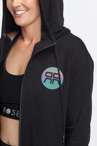 ROSE ROAD_ZIP UP HOODIE BLACK WITH REFLECTIVE RR PRINT _ _ Ebony Boutique NZ